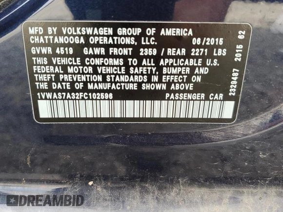 2015 Volkswagen Passat Limited Edition with VIN 1VWAS7A32FC102596, listed as a Copart auction lot 59882395 with 89,136 mi miles and Salvage title. Bid and sale history available at DreamBid. Image 12.