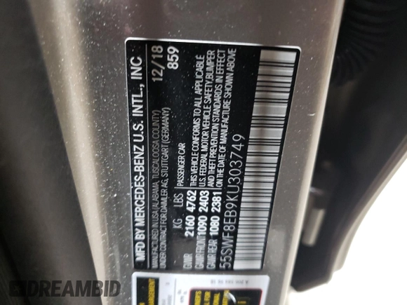 2019 Mercedes-Benz C 300 with VIN 55SWF8EB9KU303749, listed as a Copart auction lot 47568325 with Not provided miles and Salvage title. Bid and sale history available at DreamBid. Image 12.