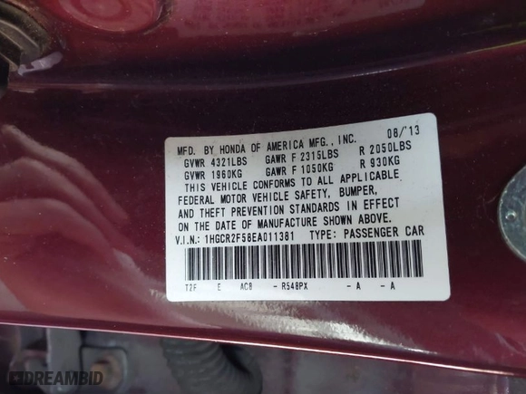 2014 Honda Accord Sedan Sport with VIN 1HGCR2F58EA011381, listed as a IAAI auction lot 41779799 with 121,009 mi miles. Bid and sale history available at carsss.com. Image 9.