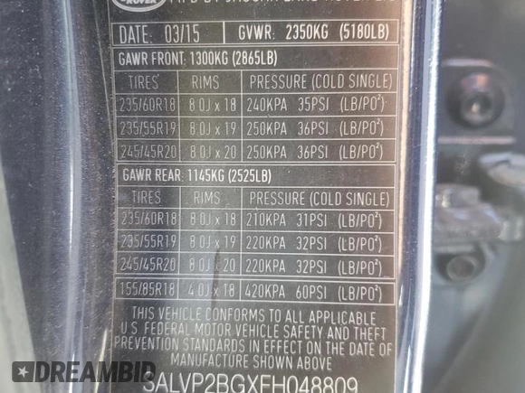 2015 Land Rover Range Rover Evoque Pure Plus z VIN SALVP2BGXFH048809, wystawiony jako Copart lot #53756915 z przebiegiem 105 169 mil mil oraz Szkoda całkowita • Salvage title. Historia ofert i sprzedaży dostępna na DreamBid. Obrazek 14.
