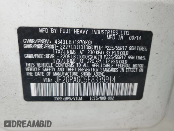 2014 Subaru Crosstrek Limited with VIN JF2GPAGC5E8339914, listed as a Copart auction lot 54846345 with 89,454 mi miles and Clean title. Bid and sale history available at DreamBid. Image 13.