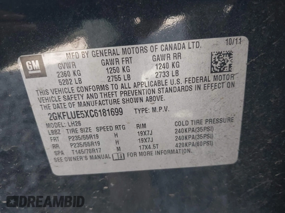 2012 GMC Terrain SLT-1 with VIN 2GKFLUE5XC6181699, listed as a IAAI auction lot 42131273 with 114,911 mi miles and . Bid and sale history available at DreamBid. Image 9.