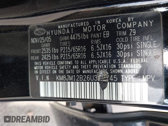 2006 Hyundai Tucson GL with VIN KM8JM12B26U340745, listed as a IAAI auction lot 42129680 with 87,133 mi miles. Bid and sale history available at carsss.com. Image 9.