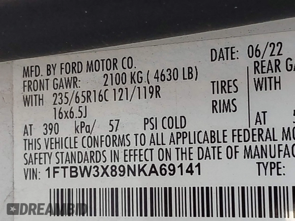 2022 Ford Transit Cargo with VIN 1FTBW3X89NKA69141, listed as a IAAI auction lot 41980864 with 102,721 mi miles and . Bid and sale history available at DreamBid. Image 9.