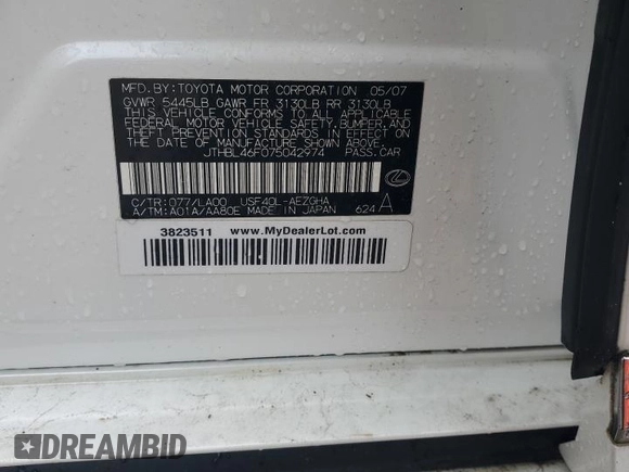 2007 Lexus LS 460 z VIN JTHBL46F075042974, wystawiony jako Copart lot #56526835 z przebiegiem 149 356 mil mil oraz Szkoda całkowita • Salvage title. Historia ofert i sprzedaży dostępna na DreamBid. Obrazek 12.