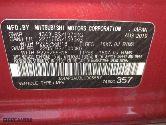 2020 Mitsubishi Outlander Sport ES 2.0 with VIN JA4AP3AU3LU005557, listed as a IAAI auction lot 41264637 with 59,403 mi miles. Bid and sale history available at carsss.com. Image 9.