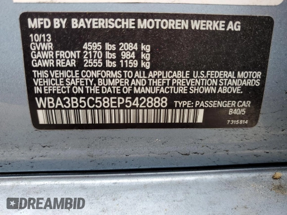 2014 BMW 3 Series 328i xDrive z VIN WBA3B5C58EP542888, wystawiony jako Copart lot #59136015 z przebiegiem 77 954 mil mil oraz Szkoda całkowita • Salvage title. Historia ofert i sprzedaży dostępna na DreamBid. Obrazek 12.