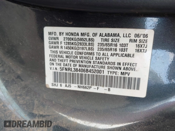 2006 Honda Odyssey EX with VIN 5FNRL38406B452001, listed as a IAAI auction lot 41686017 with 374,896 mi miles. Bid and sale history available at carsss.com. Image 9.