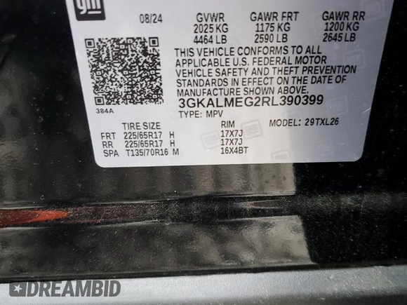 2024 GMC Terrain SLE with VIN 3GKALMEG2RL390399, listed as a Copart auction lot 55388465 with 3,511 mi miles and Salvage title. Bid and sale history available at DreamBid. Image 14.