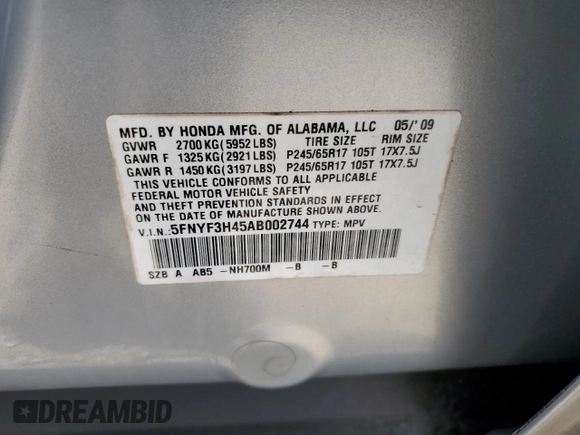 2010 Honda Pilot EX with VIN 5FNYF3H45AB002744, listed as a Copart auction lot 84673844 with 177,267 mi miles and Salvage Title. Bid and sale history available at carsss.com. Image 13.