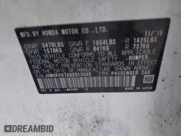 2016 Honda Fit EX with VIN JHMGK5H7XGX013345, listed as a IAAI auction lot 42679970 with 84,582 mi miles and . Bid and sale history available at DreamBid. Image 9.