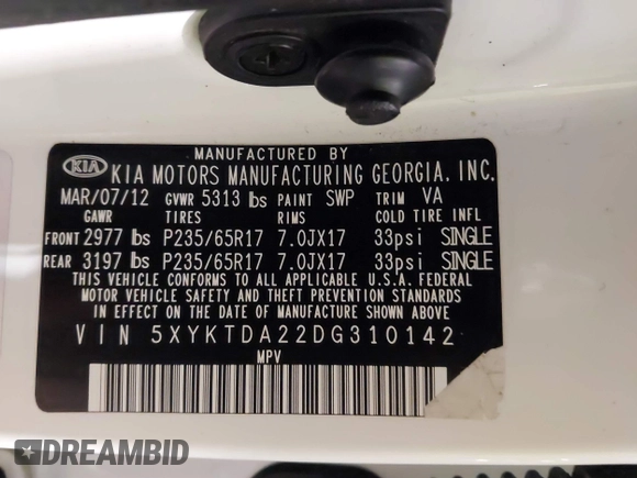 2013 Kia Sorento LX with VIN 5XYKTDA22DG310142, listed as a IAAI auction lot 41677417 with 234,661 mi miles. Bid and sale history available at carsss.com. Image 9.