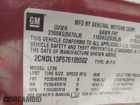 2007 Chevrolet Equinox LS with VIN 2CNDL13F576105502, listed as a IAAI auction lot 41879548 with 144,431 mi miles and . Bid and sale history available at DreamBid. Image 9.