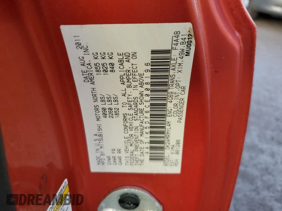 2012 Mitsubishi Eclipse GS with VIN 4A31K5DF6CE008196, listed as a Copart auction lot 80072404 with 0 mi miles and Non Repairable. Bid and sale history available at carsss.com. Image 13.