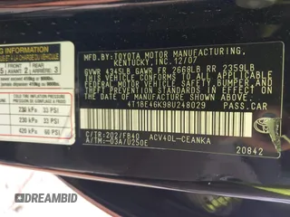 2008 Toyota Camry LE z VIN 4T1BE46K98U248029, wystawiony jako IAAI lot #42228084 z przebiegiem 108 006 mil mil oraz . Historia ofert i sprzedaży dostępna na DreamBid. Obrazek 9.