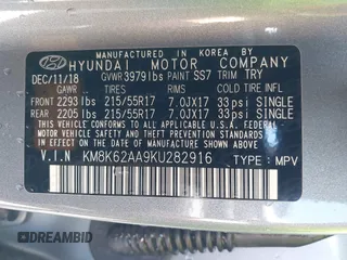 2019 Hyundai Kona SEL with VIN KM8K62AA9KU282916, listed as a IAAI auction lot 42086109 with 59,288 mi miles. Bid and sale history available at carsss.com. Image 9.