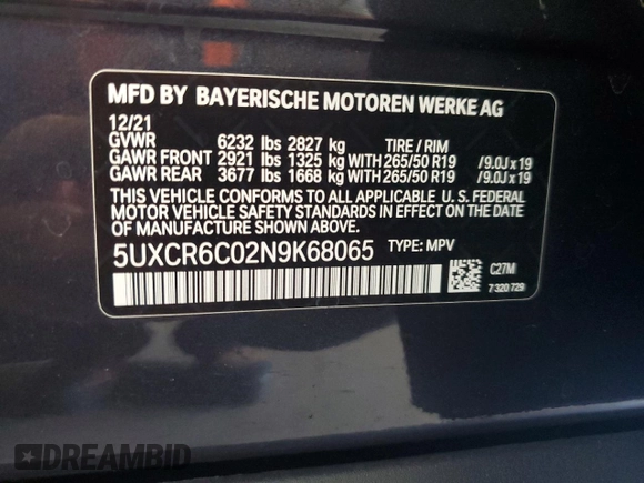2022 BMW X5 xDrive40i with VIN 5UXCR6C02N9K68065, listed as a Copart auction lot 65119715 with 90,666 mi miles and Clean title. Bid and sale history available at DreamBid. Image 13.