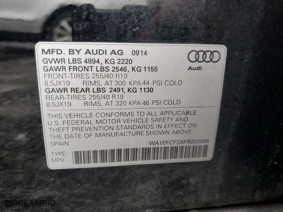 2015 Audi Q3 2.0T Premium Plus with VIN WA1EFCFSXFR003596, listed as a Copart auction lot 52090045 with 103,350 mi miles and Clean Title. Bid and sale history available at carsss.com. Image 12.
