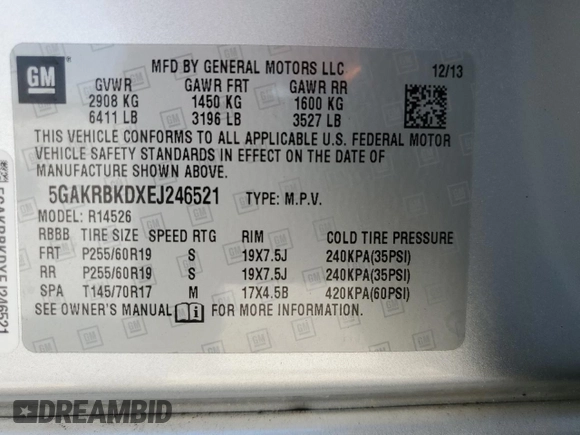 2014 Buick Enclave Leather with VIN 5GAKRBKDXEJ246521, listed as a Copart auction lot 49228345 with 128,728 mi miles and Non Repairable. Bid and sale history available at DreamBid. Image 16.