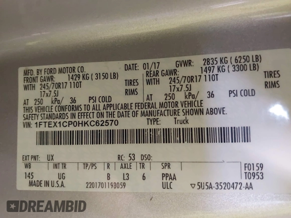 2017 Ford F-150 XL with VIN 1FTEX1CP0HKC62570, listed as a IAAI auction lot 41756349 with 77,915 mi miles. Bid and sale history available at carsss.com. Image 9.