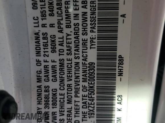 2019 Honda Insight EX z VIN 19XZE4F50KE009309, wystawiony jako Copart lot #50346395 z przebiegiem 158 880 mil mil oraz Szkoda całkowita • Salvage title. Historia ofert i sprzedaży dostępna na DreamBid. Obrazek 15.