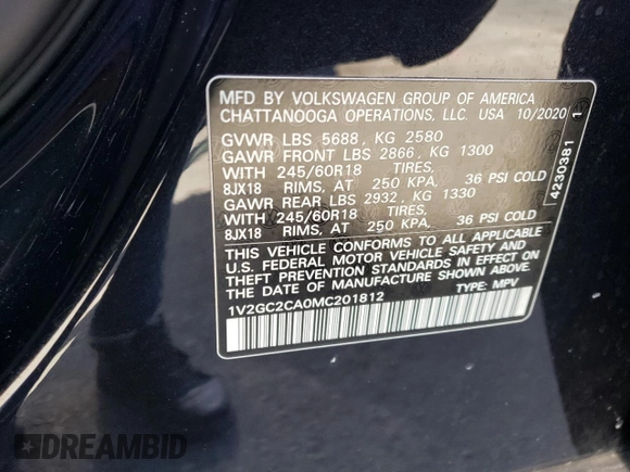 2021 Volkswagen Atlas S with VIN 1V2GC2CA0MC201812, listed as a Copart auction lot 66950404 with 75,404 mi miles and Salvage title. Bid and sale history available at DreamBid. Image 13.