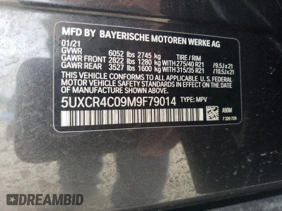 2021 BMW X5 sDrive40i with VIN 5UXCR4C09M9F79014, listed as a Copart auction lot 43667255 with 54,431 mi miles and Salvage Title. Bid and sale history available at carsss.com. Image 13.