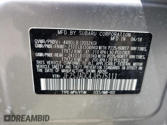 2018 Subaru Forester Premium with VIN JF2SJADC4JH575111, listed as a Copart auction lot 39692882 with 23,443 mi miles and . Bid and sale history available at DreamBid. Image 10.