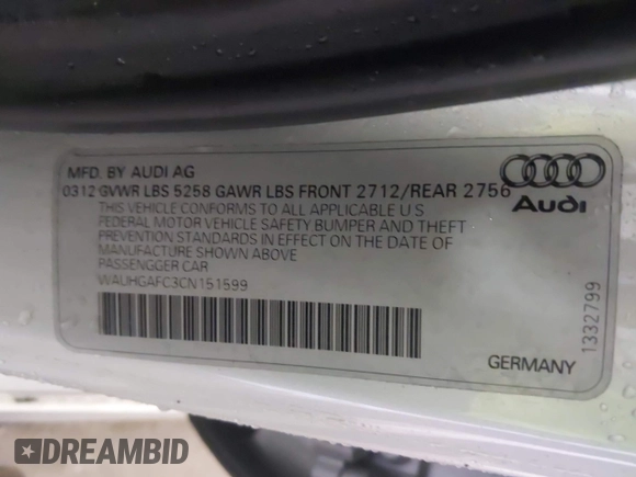 2012 Audi A6 Prestige with VIN WAUHGAFC3CN151599, listed as a IAAI auction lot 42355728 with 129,622 mi miles and . Bid and sale history available at DreamBid. Image 9.