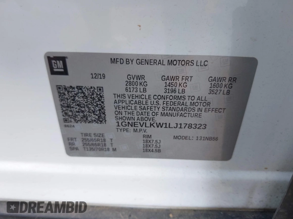 2020 Chevrolet Traverse LS with VIN 1GNEVLKW1LJ178323, listed as a IAAI auction lot 39796278 with 79,920 mi miles. Bid and sale history available at carsss.com. Image 9.