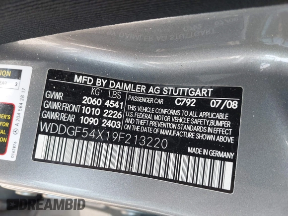 2009 Mercedes-Benz C 300 Sport with VIN WDDGF54X19F213220, listed as a IAAI auction lot 41920065 with 81,597 mi miles and . Bid and sale history available at DreamBid. Image 9.