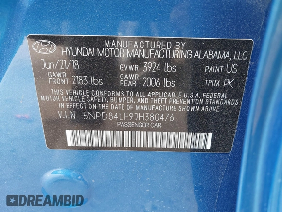 2018 Hyundai Elantra SEL with VIN 5NPD84LF9JH380476, listed as a IAAI auction lot 41800483 with 60,289 mi miles. Bid and sale history available at carsss.com. Image 9.