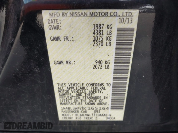 2014 Nissan Altima SL with VIN 1N4BL3AP7EC165164, listed as a IAAI auction lot 41159064 with 152,307 mi miles and . Bid and sale history available at DreamBid. Image 9.