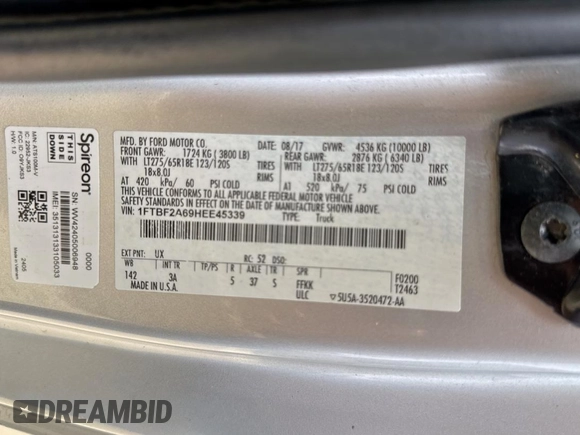 2017 Ford F-250 XL with VIN 1FTBF2A69HEE45339, listed as a Copart auction lot 58622805 with 170,018 mi miles and Clean title. Bid and sale history available at DreamBid. Image 10.
