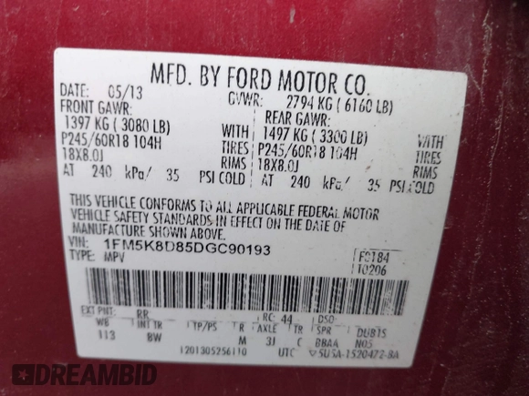 2013 Ford Explorer XLT with VIN 1FM5K8D85DGC90193, listed as a IAAI auction lot 42121079 with 290,888 mi miles and . Bid and sale history available at DreamBid. Image 9.