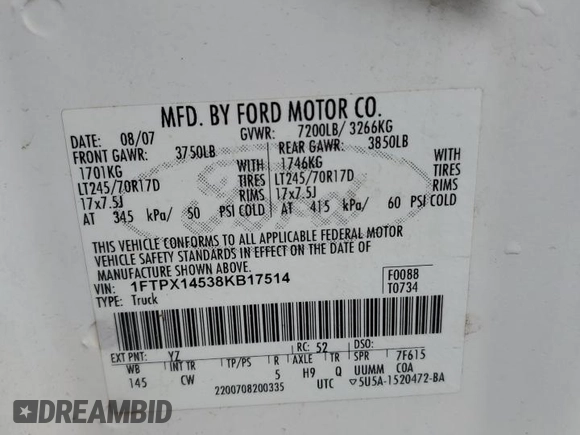 2008 Ford F-150 XLT with VIN 1FTPX14538KB17514, listed as a Copart auction lot 59846725 with 294,920 mi miles and Clean title. Bid and sale history available at DreamBid. Image 12.