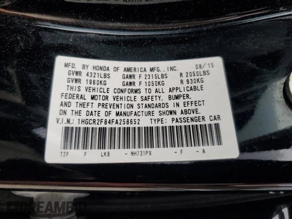 2015 Honda Accord EX-L with VIN 1HGCR2F84FA258652, listed as a Copart auction lot 63010695 with 143,310 mi miles and Clean title. Bid and sale history available at DreamBid. Image 12.