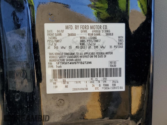 2007 Ford F-150 XLT с VIN 1FTRW14W97FB27296, выставлен на аукционе Copart как лот 87531395 с пробегом 234 517 миль миль и Списание • Salvage title. История ставок и продаж доступна на DreamBid. Изображение 12.
