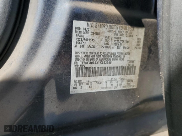 2001 Ford Escape XLS with VIN 1FMYU01BX1KB53168, listed as a Copart auction lot 76547834 with 71,025 mi miles and Salvage title. Bid and sale history available at DreamBid. Image 14.