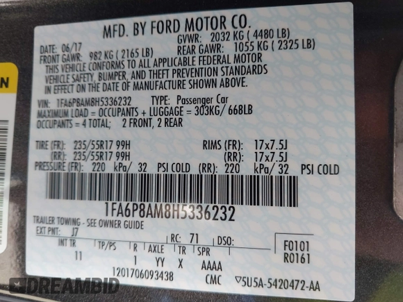 2017 Ford Mustang V6 z VIN 1FA6P8AM8H5336232, wystawiony jako IAAI lot #42089034 z przebiegiem 72 257 mil mil oraz . Historia ofert i sprzedaży dostępna na DreamBid. Obrazek 9.