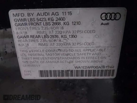 2016 Audi Q5 Premium Plus with VIN WA1L2AFP0GA081744, listed as a IAAI auction lot 42064231 with 87,824 mi miles and . Bid and sale history available at DreamBid. Image 9.