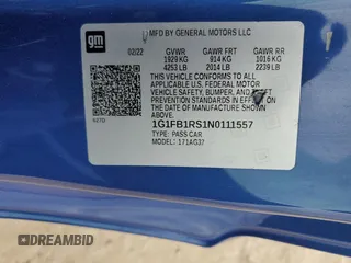 2022 Chevrolet Camaro 1LT with VIN 1G1FB1RS1N0111557, listed as a Copart auction lot 43798105 with 31,380 mi miles and Salvage Title. Bid and sale history available at carsss.com. Image 12.