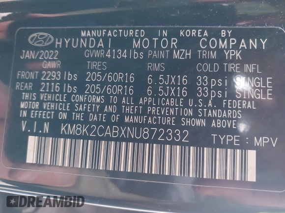 2022 Hyundai Kona SE with VIN KM8K2CABXNU872332, listed as a IAAI auction lot 41477508 with 23,467 mi miles. Bid and sale history available at carsss.com. Image 9.