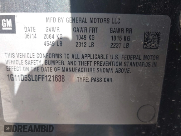 2015 Chevrolet Malibu LT with VIN 1G11D5SL0FF121638, listed as a IAAI auction lot 41942357 with 174,361 mi miles and . Bid and sale history available at DreamBid. Image 9.