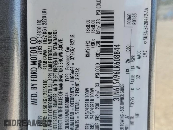 2020 Lincoln MKZ Standard с VIN 3LN6L5A96LR608844, выставлен на аукционе Copart как лот 53467745 с пробегом 48 522 миль миль и Списание • Salvage title. История ставок и продаж доступна на DreamBid. Изображение 14.