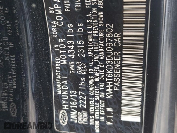 2013 Hyundai Genesis Coupe 2.0T Premium with VIN KMHHT6KD3DU097802, listed as a Copart auction lot 41675925 with 82,796 mi miles and Salvage Title. Bid and sale history available at carsss.com. Image 12.