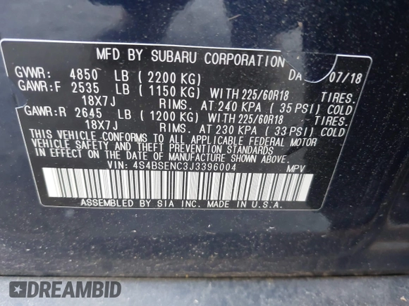 2018 Subaru Outback Limited with VIN 4S4BSENC3J3396004, listed as a IAAI auction lot 42570002 with 80,507 mi miles and . Bid and sale history available at DreamBid. Image 9.