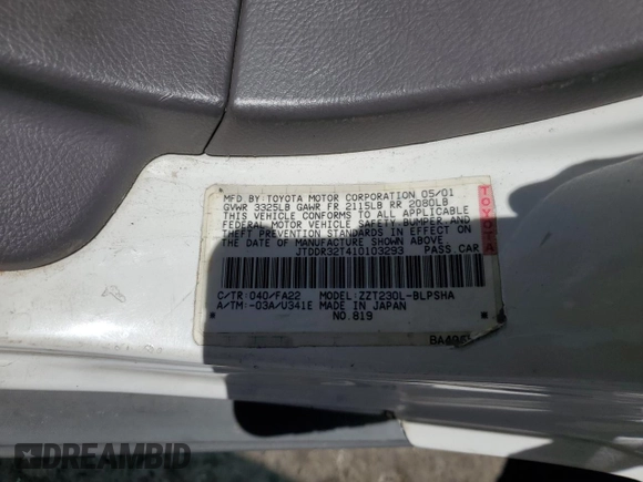 2001 Toyota Celica GT with VIN JTDDR32T410103293, listed as a Copart auction lot 72738184 with 199,340 mi miles and Salvage Title. Bid and sale history available at carsss.com. Image 14.