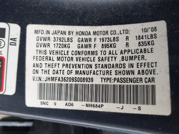 2009 Honda Civic Hybrid with VIN JHMFA36209S008939, listed as a IAAI auction lot 41798952 with 163,650 mi miles. Bid and sale history available at carsss.com. Image 9.