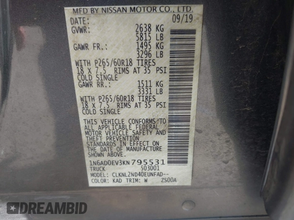 2019 Nissan Frontier SV with VIN 1N6AD0EV3KN795531, listed as a IAAI auction lot 41858856 with 105,950 mi miles and . Bid and sale history available at DreamBid. Image 9.